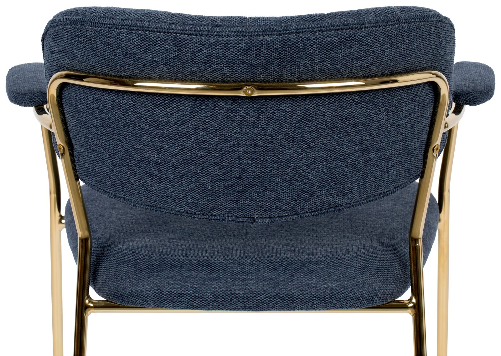 Rückansicht eines Armlehnenstuhls mit blauem Stoffbezug und goldfarbenem Metallrahmen.