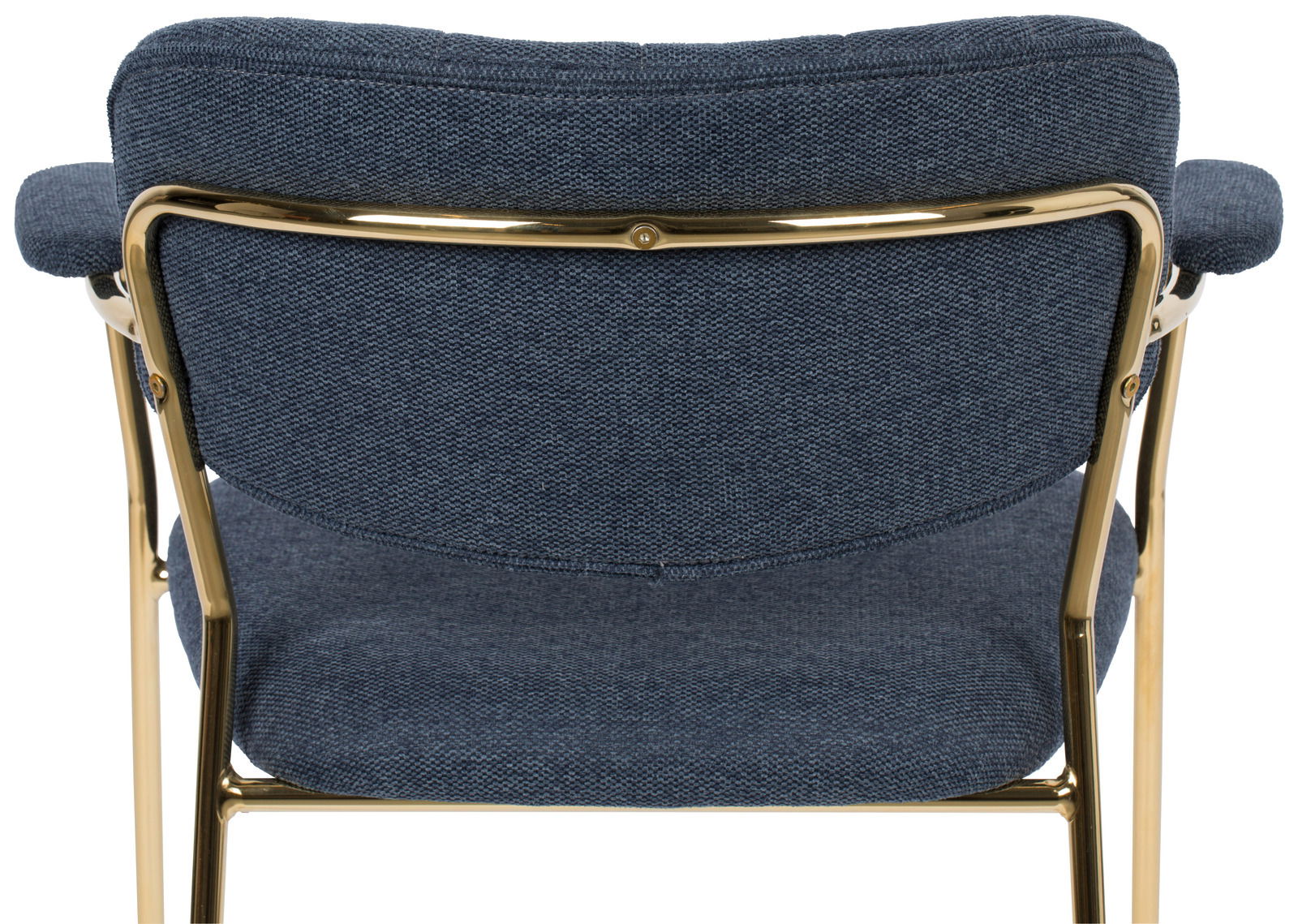 Rückansicht eines Armlehnenstuhls mit blauem Stoffbezug und goldfarbenem Metallrahmen.