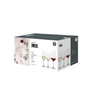 Verpakking van de 18-delige Tulip-wijnglazen van Schott Zwiesel, zijaanzicht met afbeeldingen van wijnglazen.