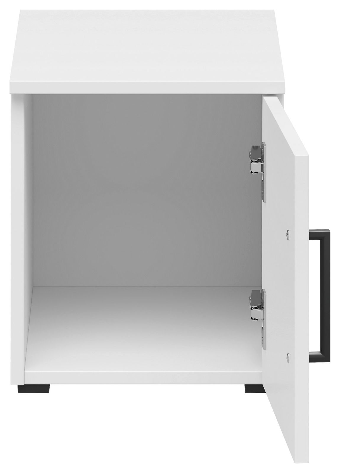 Weißer Aufsatzschrank mit geöffneter Tür, Frontalansicht