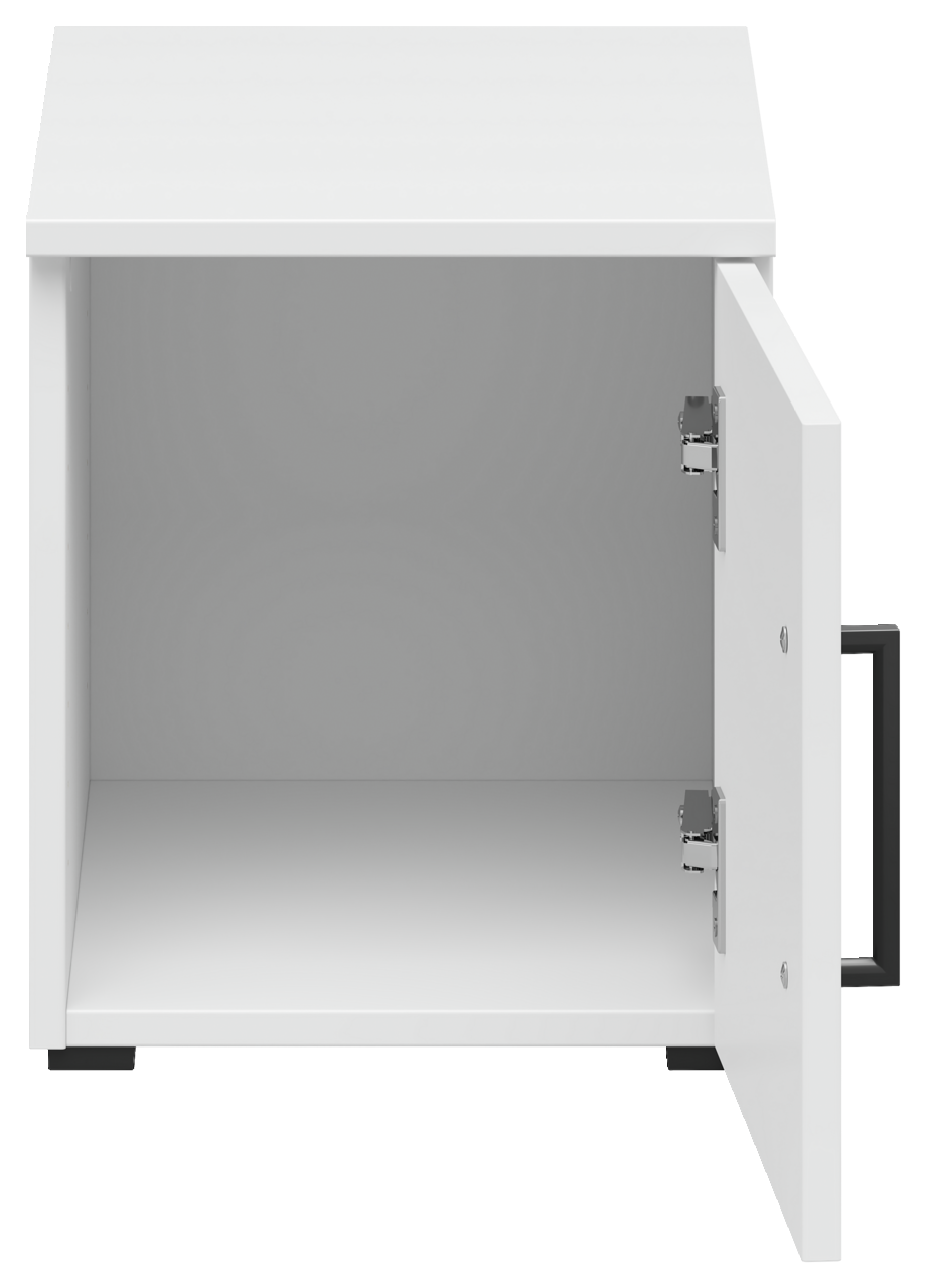 Weißer Aufsatzschrank mit geöffneter Tür, Frontalansicht