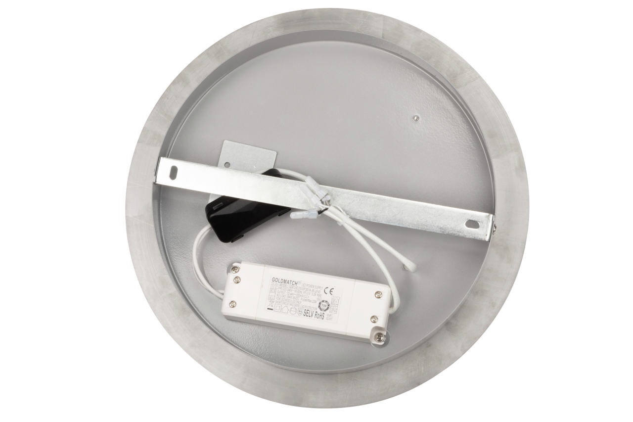 Rückansicht einer runden LED-Deckenleuchte mit sichtbarer Verkabelung und Montagehalterung.