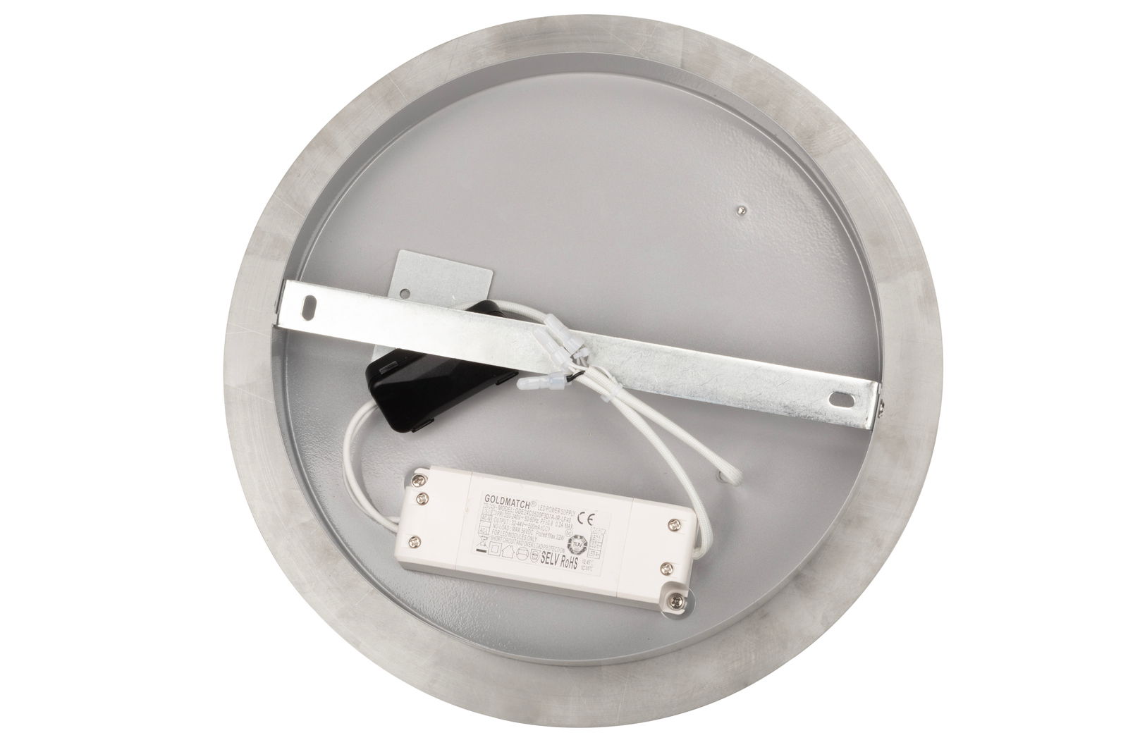 Rückansicht einer runden LED-Deckenleuchte mit sichtbarer Verkabelung und Montagehalterung.