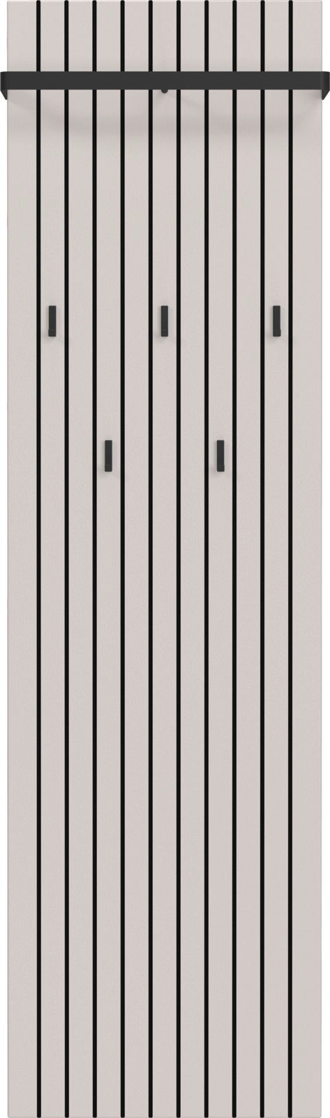 Garderobenpaneel mit vertikalen Streifen und mehreren Haken, frontal betrachtet.