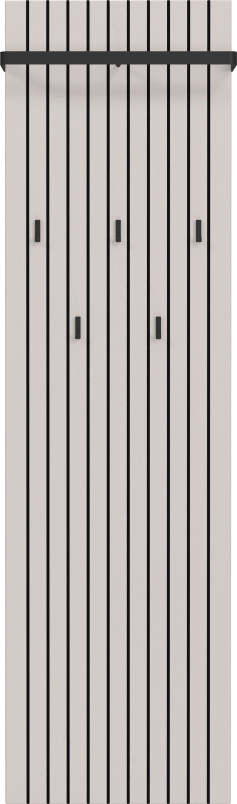 Garderobenpaneel mit vertikalen Streifen und mehreren Haken, frontal betrachtet.