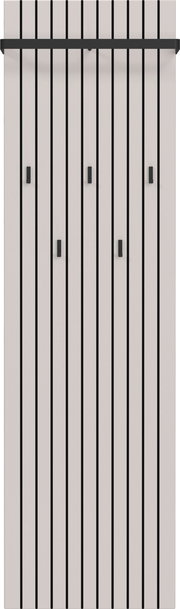 Garderobenpaneel mit vertikalen Streifen und mehreren Haken, frontal betrachtet.