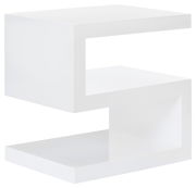 Moderner weißer Beistelltisch in S-Form, seitliche Perspektive