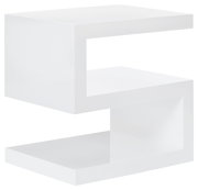 Moderner weißer Beistelltisch in S-Form, seitliche Perspektive