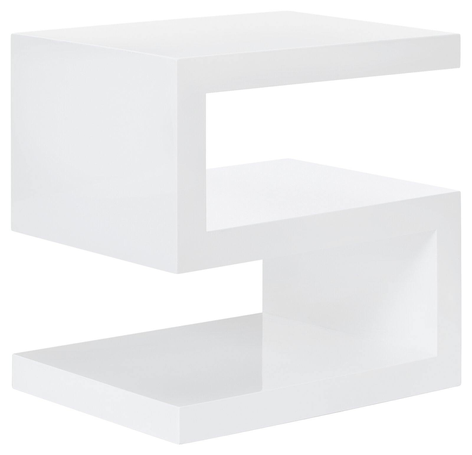 Moderner weißer Beistelltisch in S-Form, seitliche Perspektive