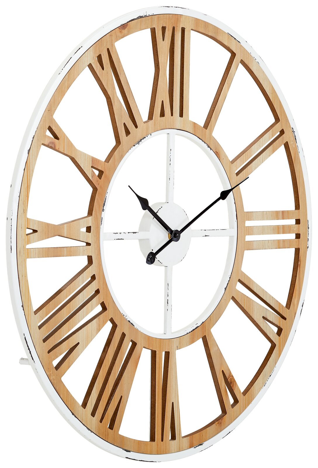 Wanduhr mit römischen Ziffern aus Holz und Metall, seitliche Perspektive