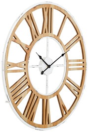 Wanduhr mit römischen Ziffern aus Holz und Metall, seitliche Perspektive