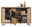 Frontale Ansicht eines modernen Sideboards aus Holz mit offenen Türen, gefüllt mit Büchern, Dekorationsgegenständen und Aufbewahrungsboxen.