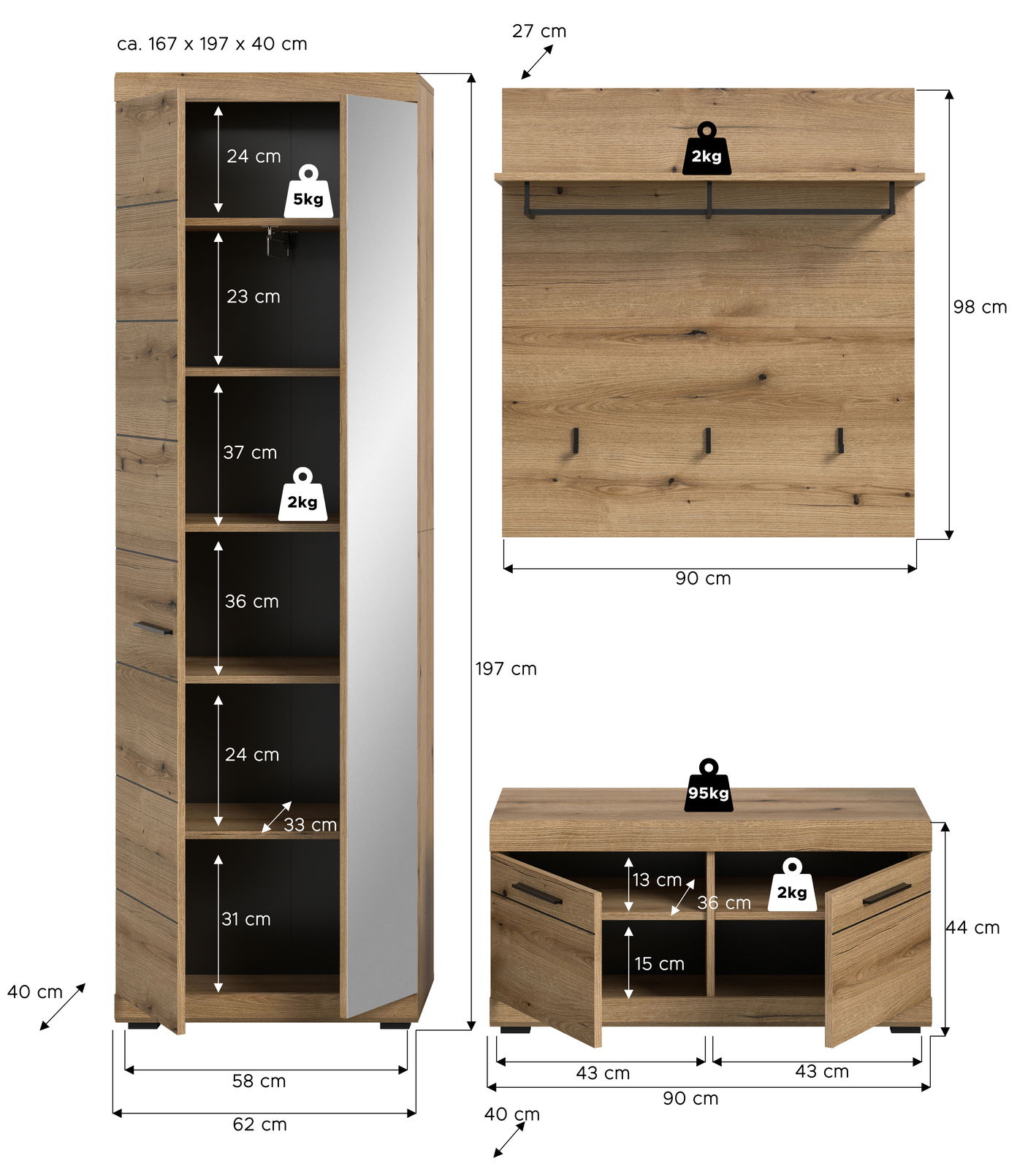 Garderoben-Set 3-teilig in Holzoptik, bestehend aus einem hohen Schrank mit Spiegel, einer Wandgarderobe mit Haken und einem niedrigen Schuhschrank. Frontale Ansicht.