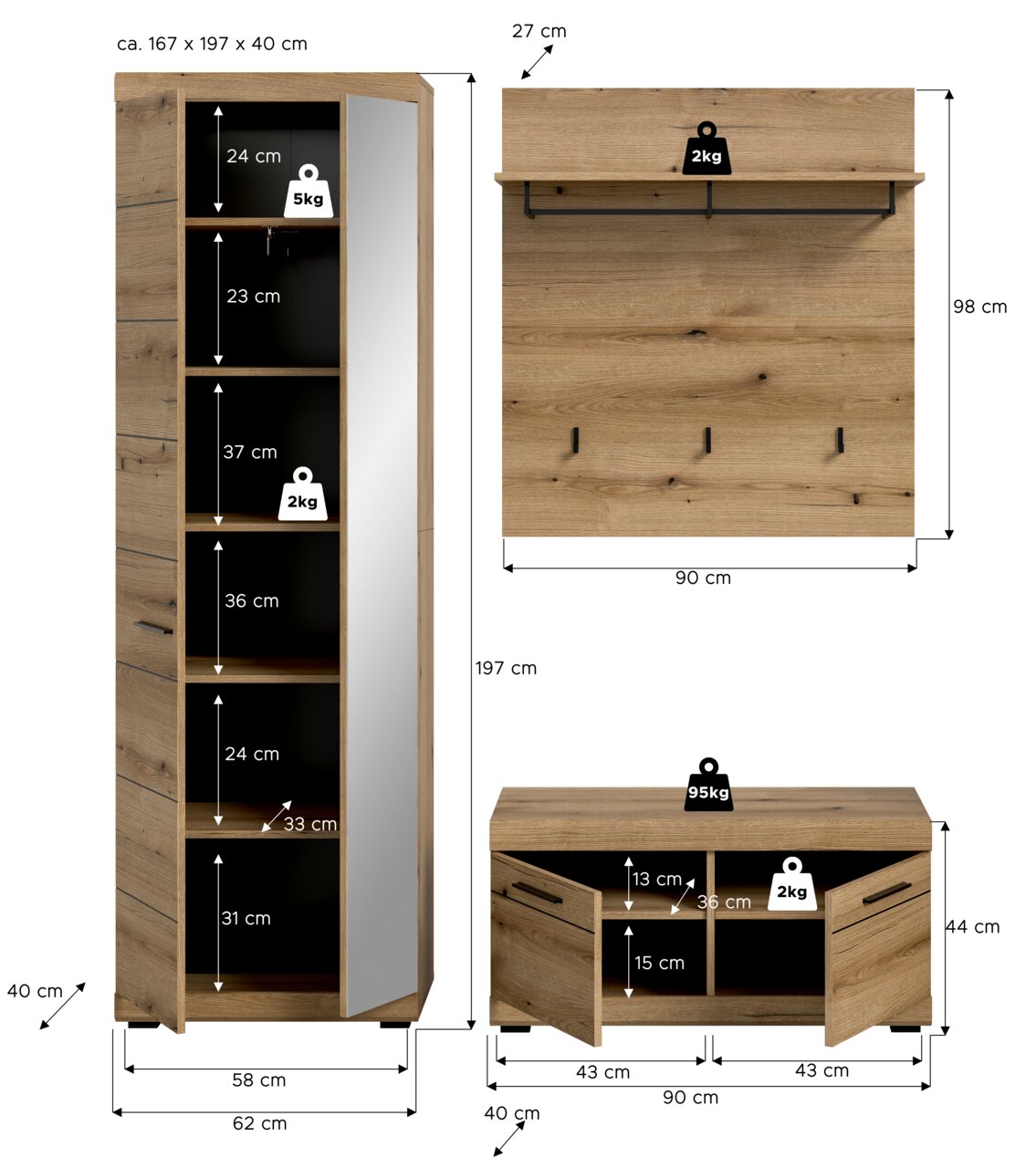 Garderoben-Set 3-teilig in Holzoptik, bestehend aus einem hohen Schrank mit Spiegel, einer Wandgarderobe mit Haken und einem niedrigen Schuhschrank. Frontale Ansicht.