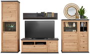Wohnzimmermöbel-Set aus Holz mit Highboard, Vitrine, TV-Lowboard und Wandboard, frontal betrachtet