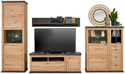 Wohnzimmermöbel-Set aus Holz mit Highboard, Vitrine, TV-Lowboard und Wandboard, frontal betrachtet