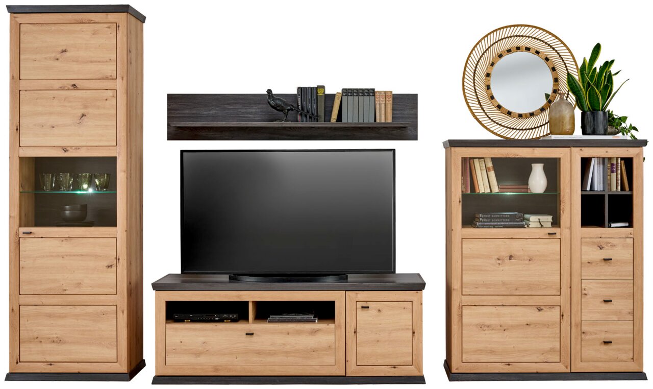 Wohnzimmermöbel-Set aus Holz mit Highboard, Vitrine, TV-Lowboard und Wandboard, frontal betrachtet