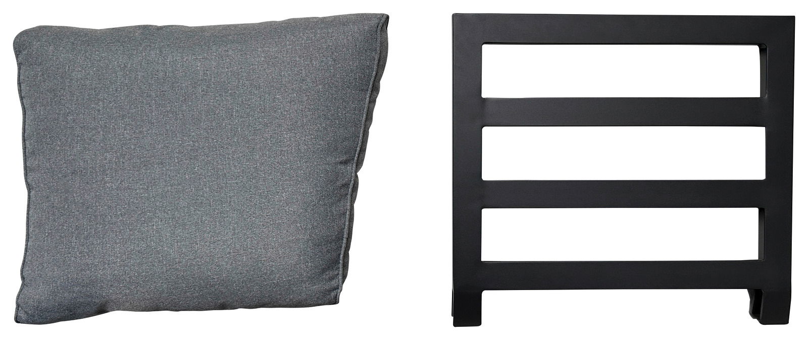 Ambia Garden Ansteckteil HAMBURG Perspektive von vorne: Ein graues Kissen und ein schwarzes Metallgitter, Ansteckteil für eine Multifunktionsbank.