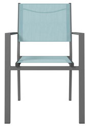 Moderner Stapelsessel mit hellblauer Sitzfläche und Rückenlehne, graues Metallgestell, Frontalansicht.