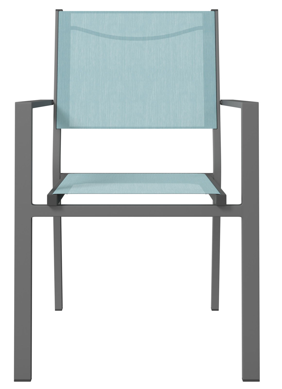 Moderner Stapelsessel mit hellblauer Sitzfläche und Rückenlehne, graues Metallgestell, Frontalansicht.