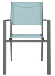 Moderner Stapelsessel mit hellblauer Sitzfläche und Rückenlehne, graues Metallgestell, Frontalansicht.
