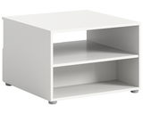 Moderner weißer Couchtisch mit zwei offenen Regalfächern, seitliche Perspektive