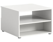 Moderner weißer Couchtisch mit zwei offenen Regalfächern, seitliche Perspektive