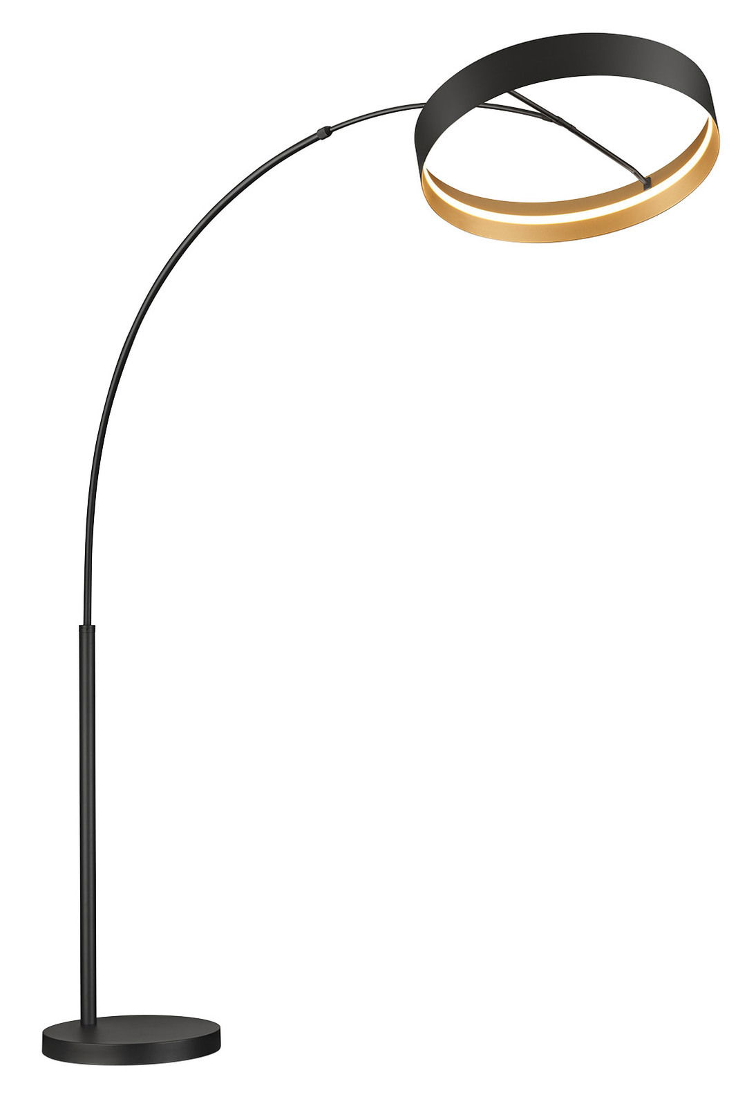 Moderne Stehleuchte LOOP mit gebogenem Arm und rundem, zweifarbigem Lampenschirm, seitliche Perspektive