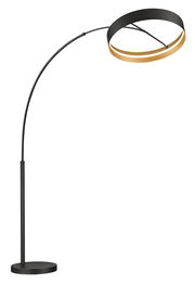 Moderne Stehleuchte LOOP mit gebogenem Arm und rundem, zweifarbigem Lampenschirm, seitliche Perspektive