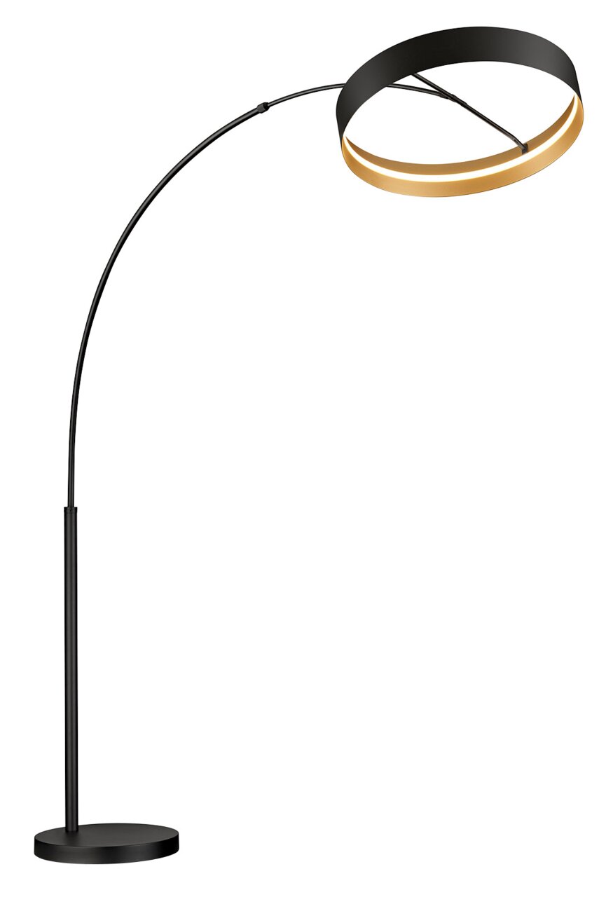 Moderne Stehleuchte LOOP mit gebogenem Arm und rundem, zweifarbigem Lampenschirm, seitliche Perspektive