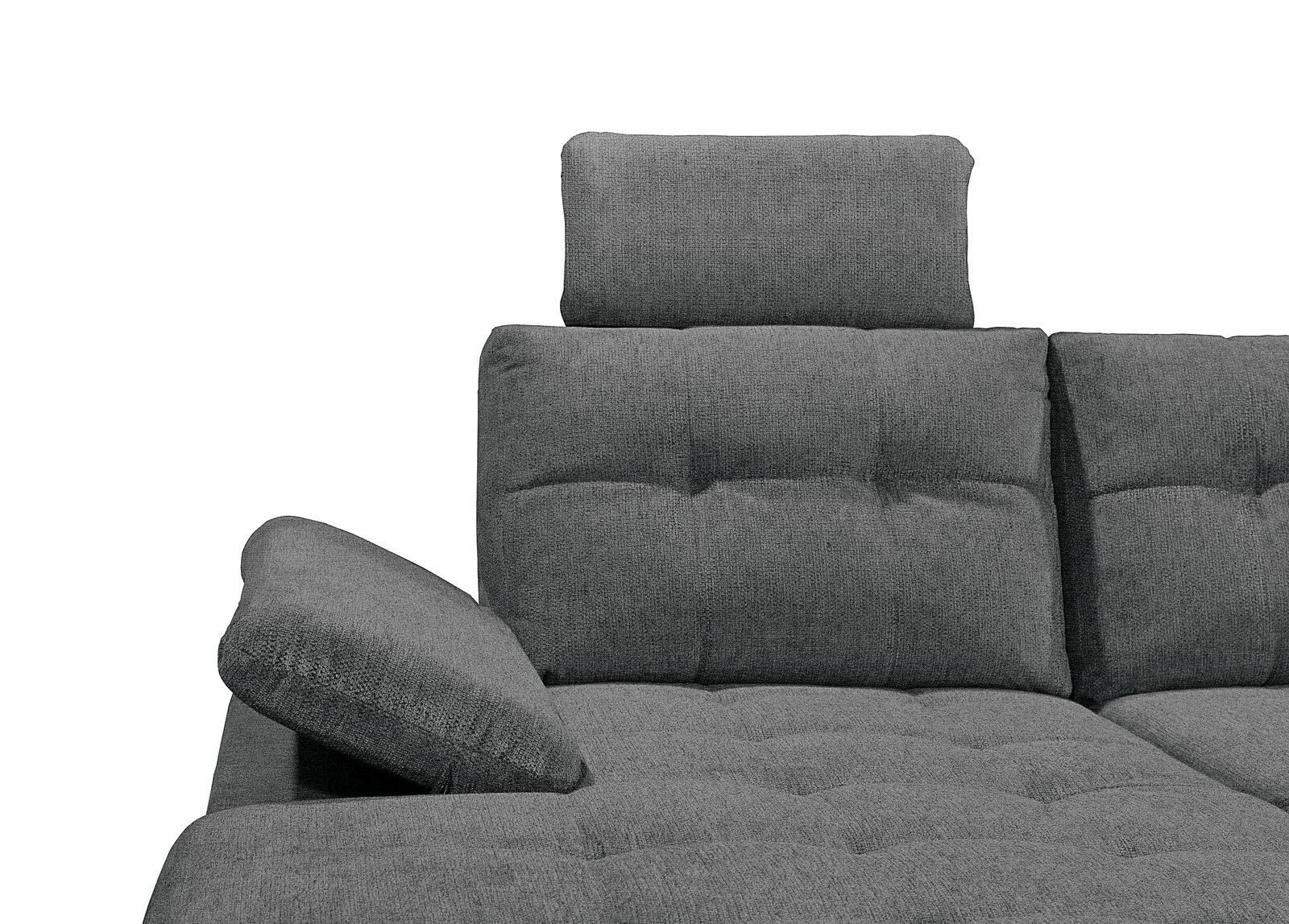 Graues Sofa mit verstellbarer Kopfstütze und Armlehne, seitliche Perspektive
