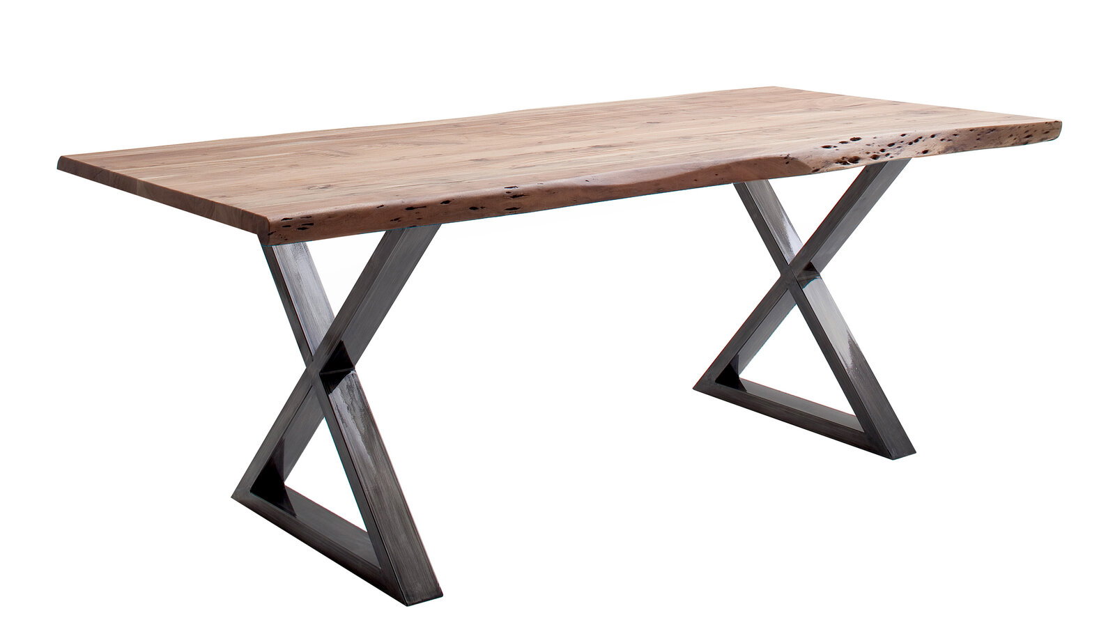 Moderner Esstisch mit einer Tischplatte aus hellem Holz und X-förmigen Metallbeinen, seitliche Perspektive