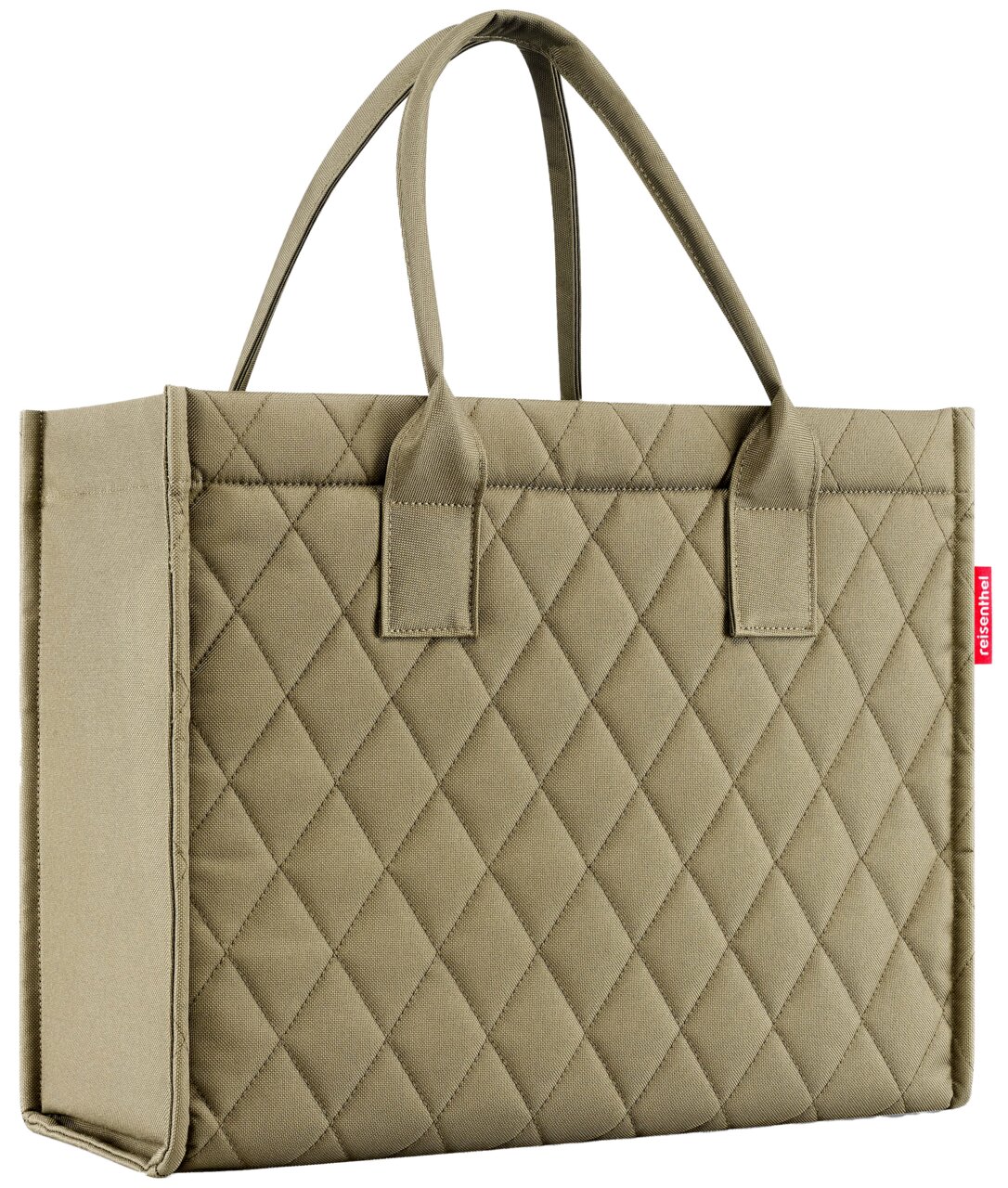 Olivefarbene Einkaufstasche mit Rautenmuster, seitliche Perspektive
