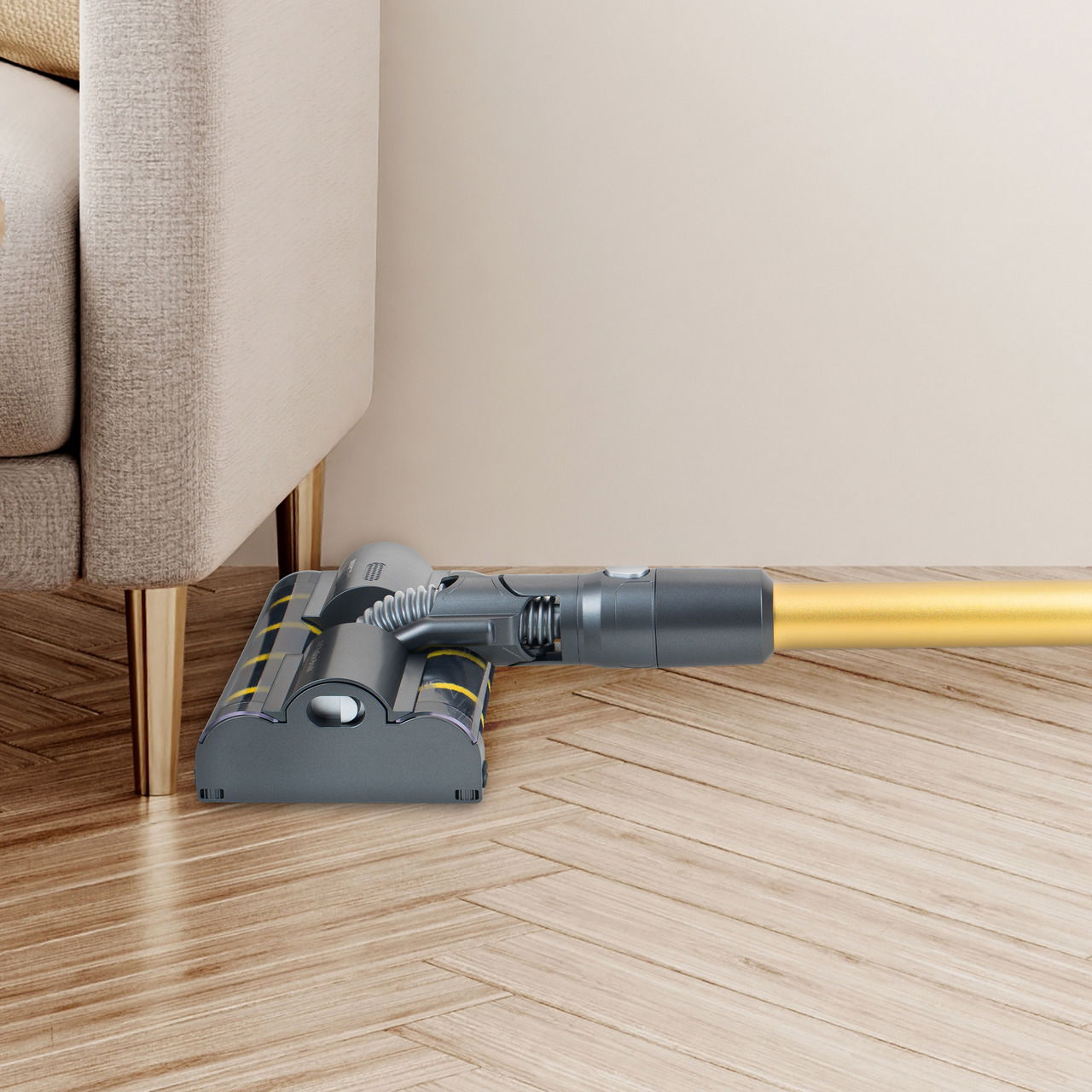 Staubsaugerdüse für Hartböden, seitliche Perspektive, unter einem Sofa