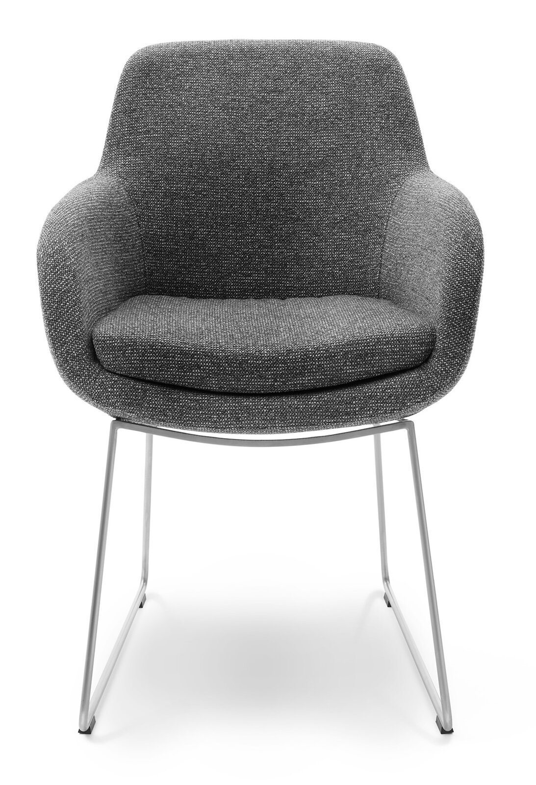 Grauer Armlehnstuhl mit modernem Design, Vorderansicht