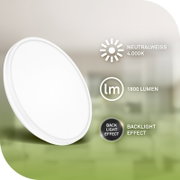 Weiße, abgerundete LED-Leuchte in schräger Frontansicht mit neutralweißem Licht bei 4.000 K, 1.800 Lumen und dekorativem Hintergrundbeleuchtungseffekt.