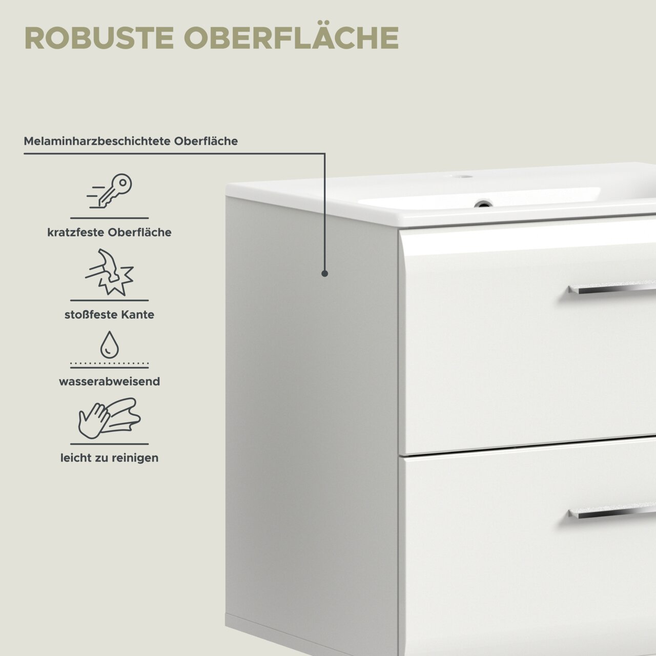 Weißer Badezimmer-Waschtischunterschrank mit Waschbecken und zwei Schubladen, melaminharzbeschichtete robuste Oberfläche; Perspektive: schräg von vorne rechts mit Blick auf die obere Kante.