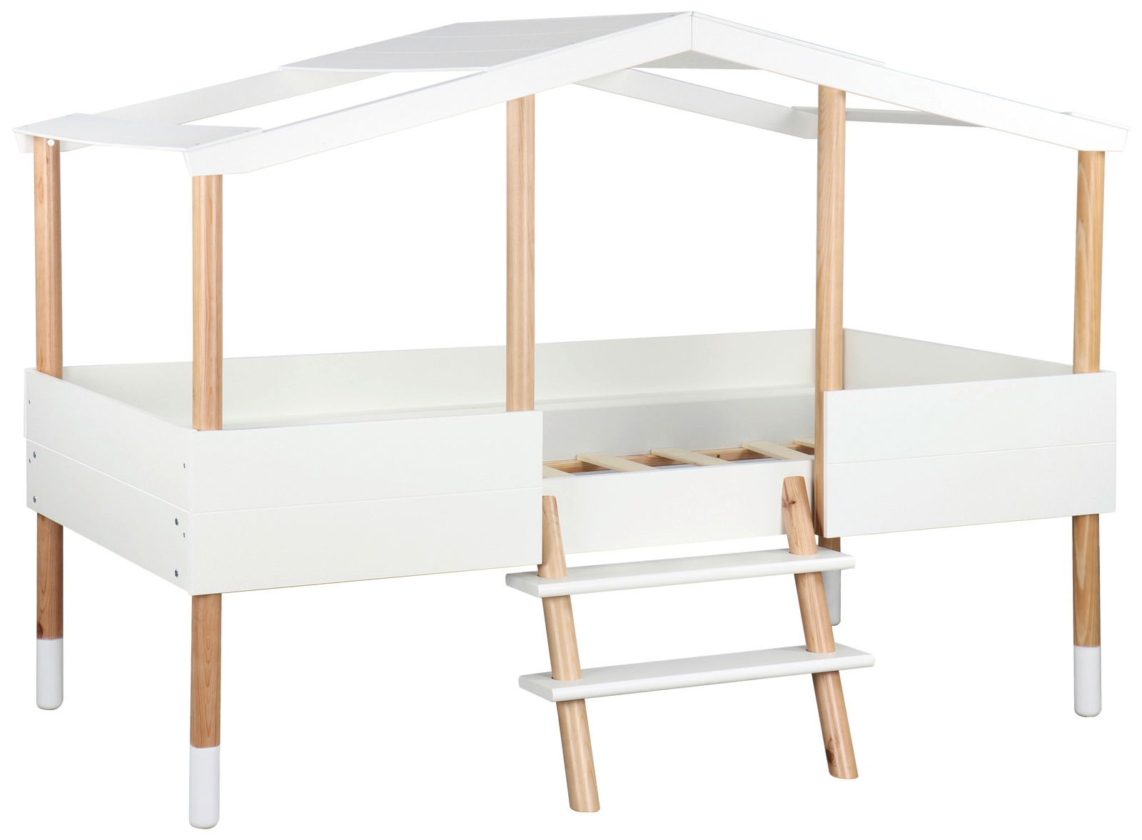 Weißes Hausbett mit Holzpfosten und Leiter, seitliche Perspektive