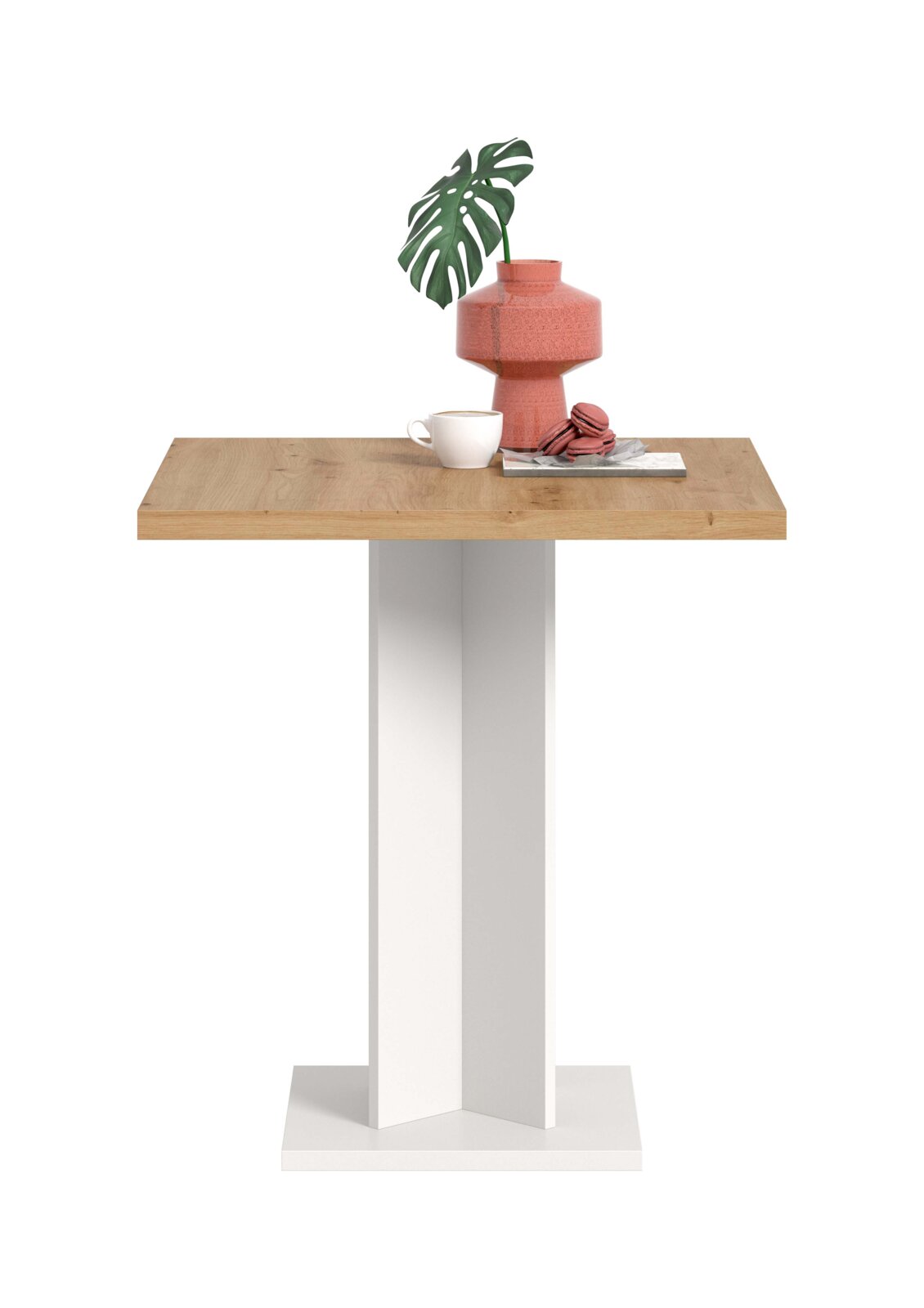 Moderner Bartisch mit rechteckiger Holzplatte und weißem Mittelfuß, frontal aus leicht erhöhter Perspektive auf weißem Hintergrund; dekoriert mit Vase, Blatt und Tasse