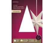 Frontalansicht der Verpackung eines weißen Lumineo Papiersterns mit goldfarbenen Ausstanzungen, 6 warmweißen LEDs, Batteriebetrieb und 6-Stunden-Timer für den Innenbereich