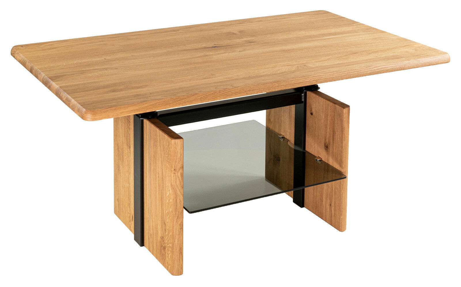 Moderner Couchtisch aus Holz mit Glasablage, seitliche Perspektive