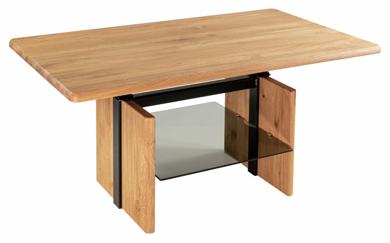 Moderner Couchtisch aus Holz mit Glasablage, seitliche Perspektive