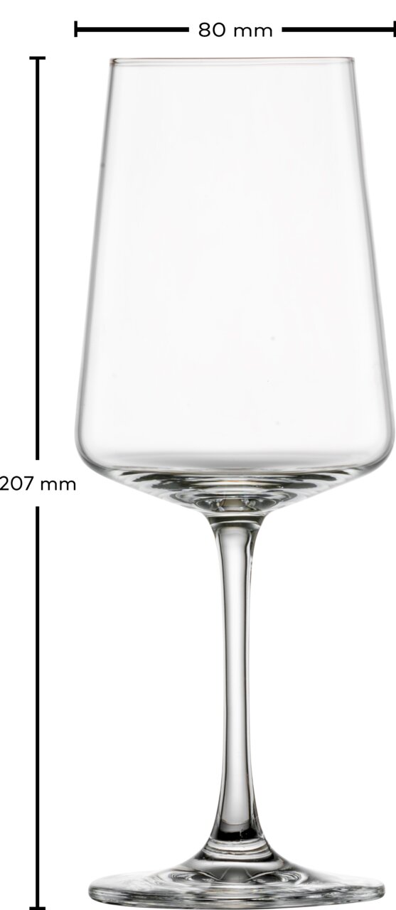 Witwijnglas met een hoogte van 207 mm en een diameter van 80 mm, afgebeeld van voren.