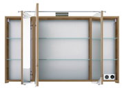 Spiegelschrank mit geöffneten Türen, Holzrahmen und Glasregalen, Frontansicht