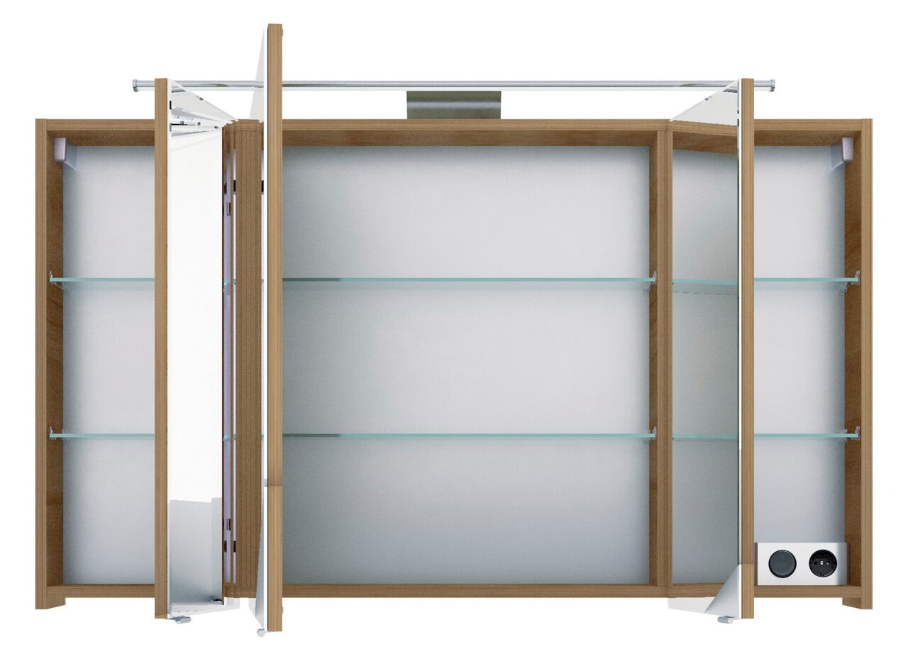 Spiegelschrank mit geöffneten Türen, Holzrahmen und Glasregalen, Frontansicht