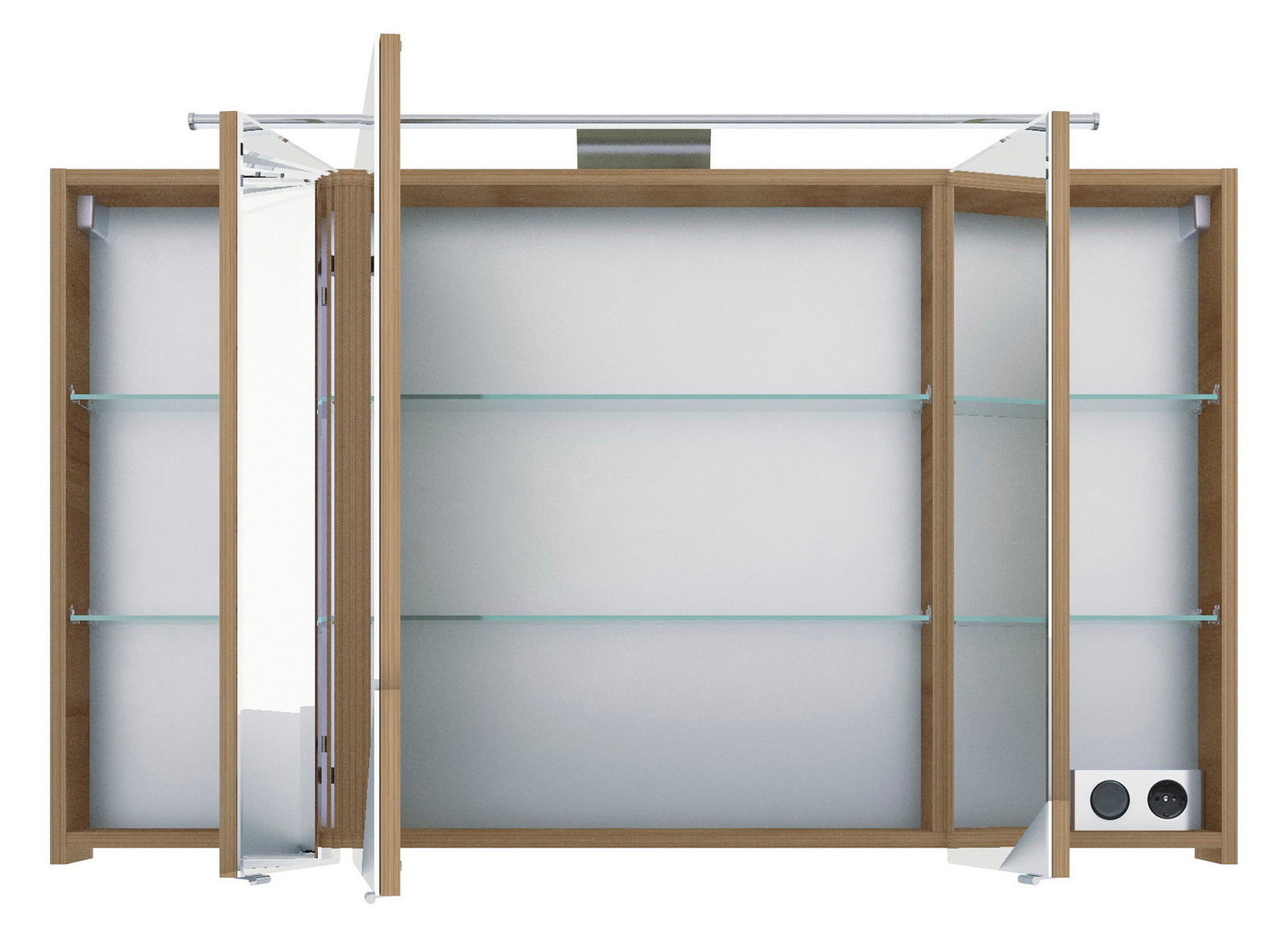 Spiegelschrank mit geöffneten Türen, Holzrahmen und Glasregalen, Frontansicht