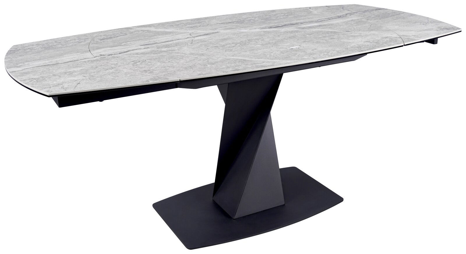 Moderner Esstisch mit grauer Marmoroptik-Tischplatte und schwarzem, geometrisch geformtem Sockel, seitliche Perspektive