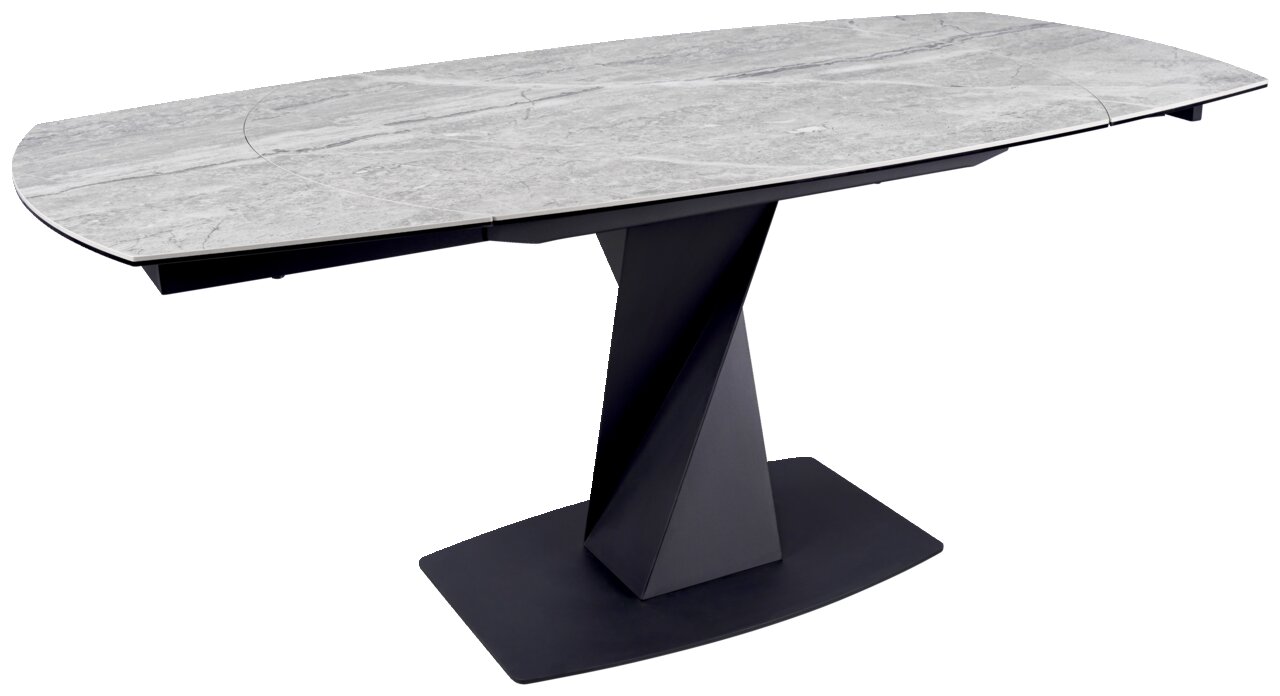 Moderner Esstisch mit grauer Marmoroptik-Tischplatte und schwarzem, geometrisch geformtem Sockel, seitliche Perspektive