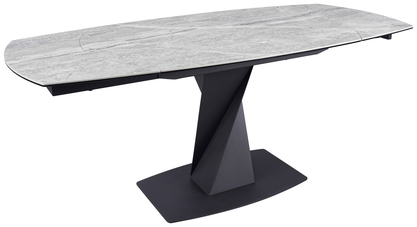 Moderner Esstisch mit grauer Marmoroptik-Tischplatte und schwarzem, geometrisch geformtem Sockel, seitliche Perspektive