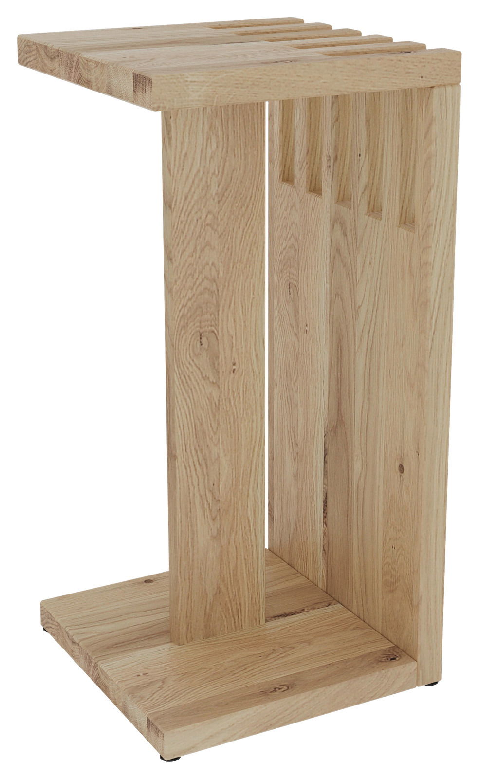 Moderner Beistelltisch aus hellem Holz in seitlicher Perspektive